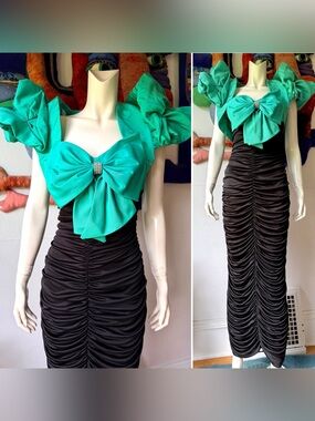 Vintage 1980s Climax David Howard Ruched Maxi Dress Dramatic Bolero Black Green